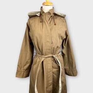 Vintage Rain Shedder Womens Canvas Trench Coat Hooded Ken Meritt Sz 13/14 Belted